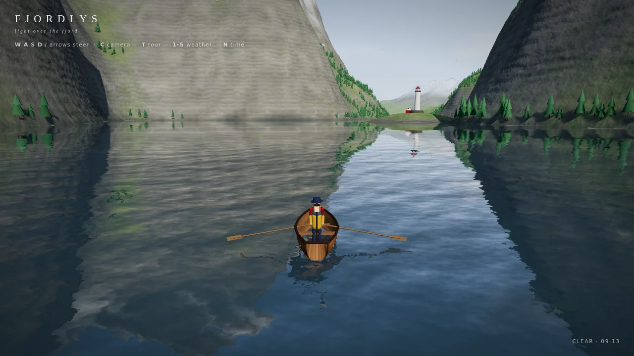 Claude Fable 5.1's output for Fjord scene (Three.js)