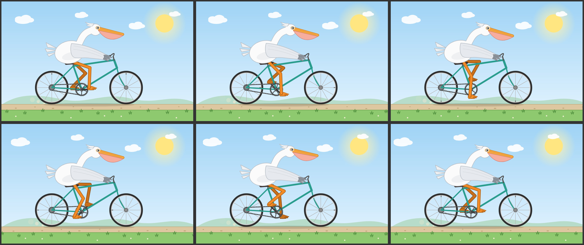 6 frames at t=0, 0.25, 0.5, 0.75, 1.25, 2.0 s (SMIL/CSS clock set per frame)
