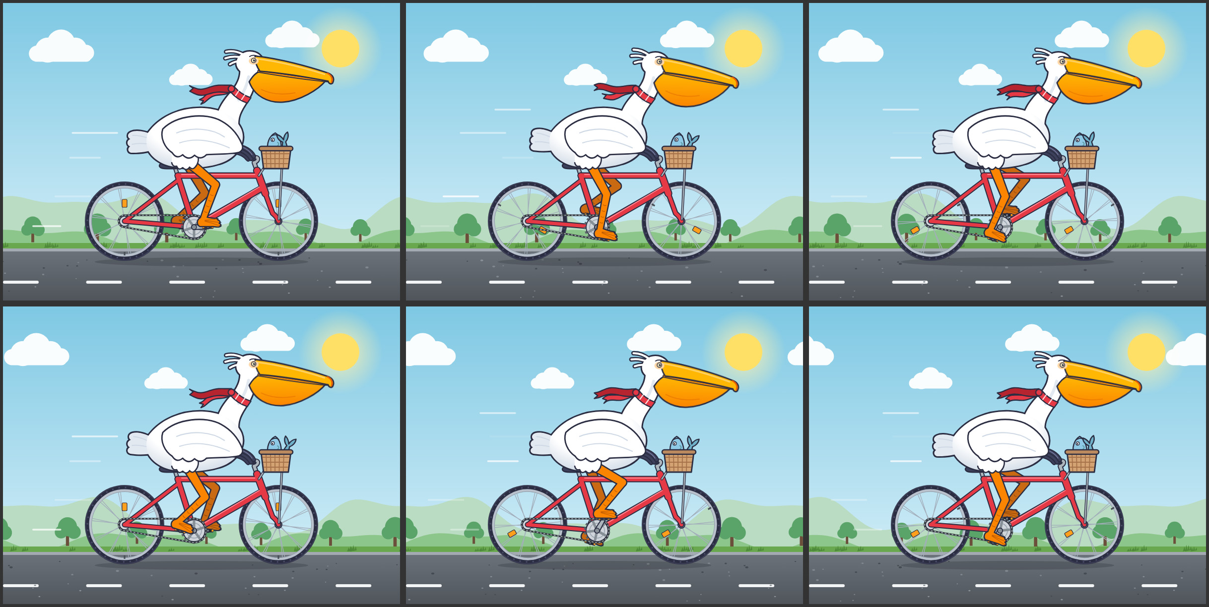 6 frames at t=0, 0.25, 0.5, 0.75, 1.25, 2.0 s (SMIL/CSS clock set per frame)