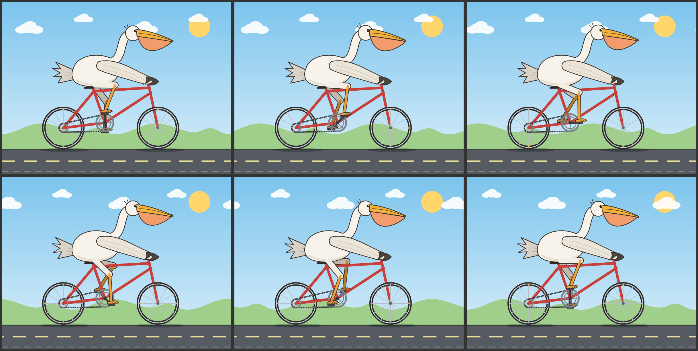 6 frames at t=0, 0.25, 0.5, 0.75, 1.25, 2.0 s (SMIL/CSS clock set per frame)