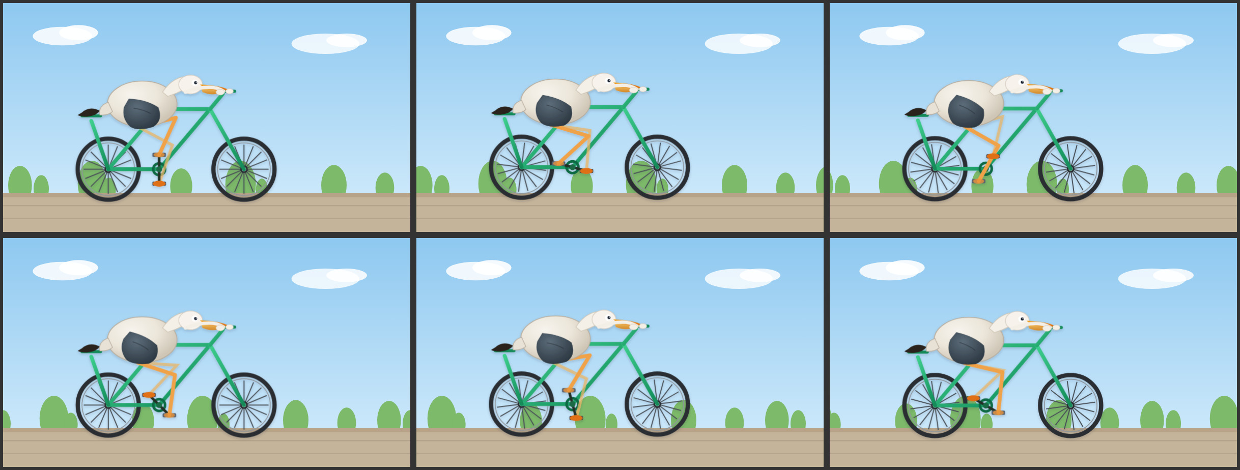 6 frames at t=0, 0.25, 0.5, 0.75, 1.25, 2.0 s (SMIL/CSS clock set per frame)