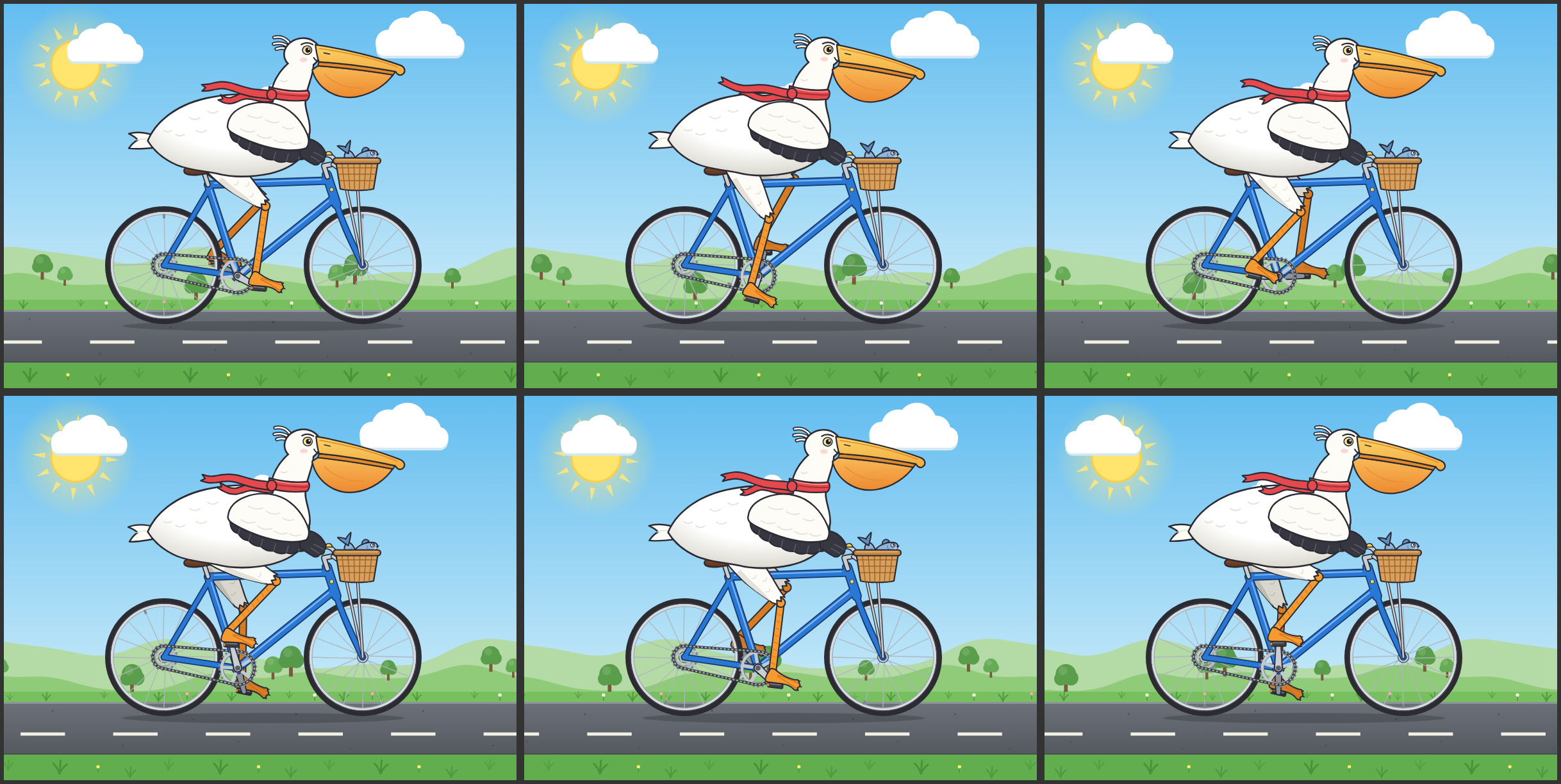 6 frames at t=0, 0.25, 0.5, 0.75, 1.25, 2.0 s (SMIL/CSS clock set per frame)