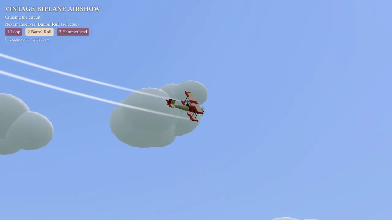 Claude Opus 5.5's output for Vintage biplane aerobatics over a grass airfield (Three.js)