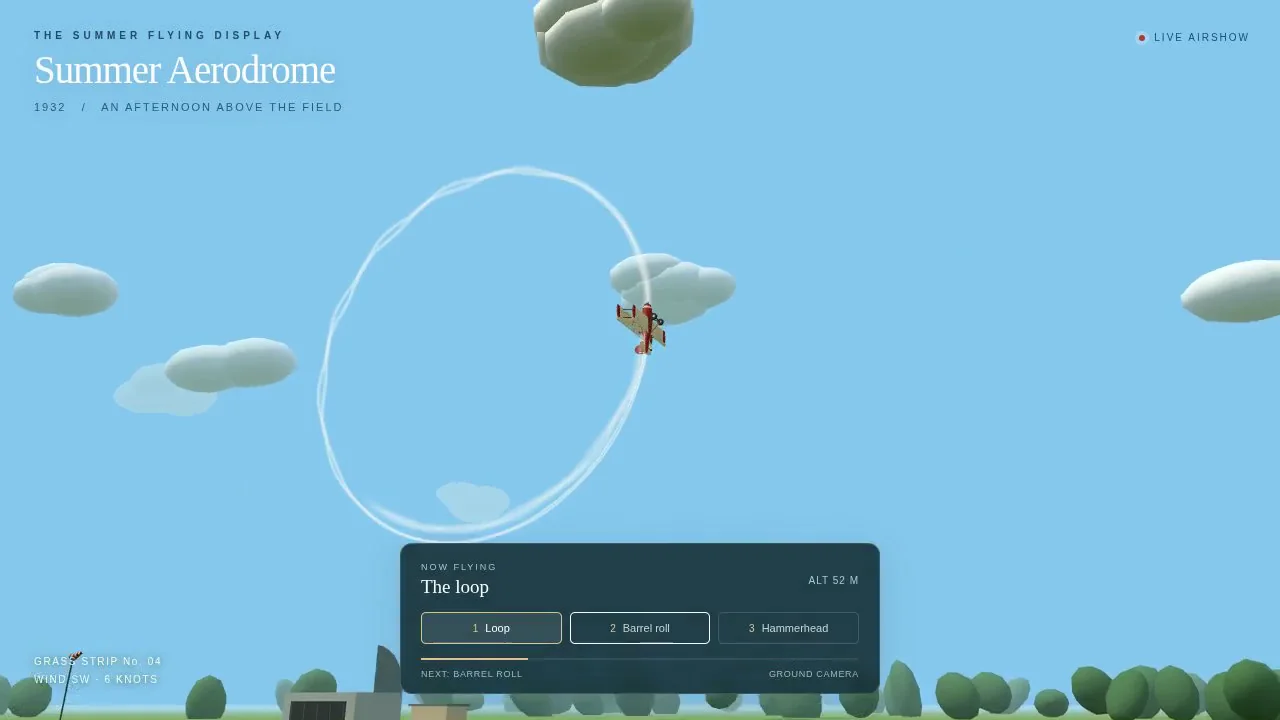 gpt-6.1-sol's output for Vintage biplane aerobatics over a grass airfield (Three.js)