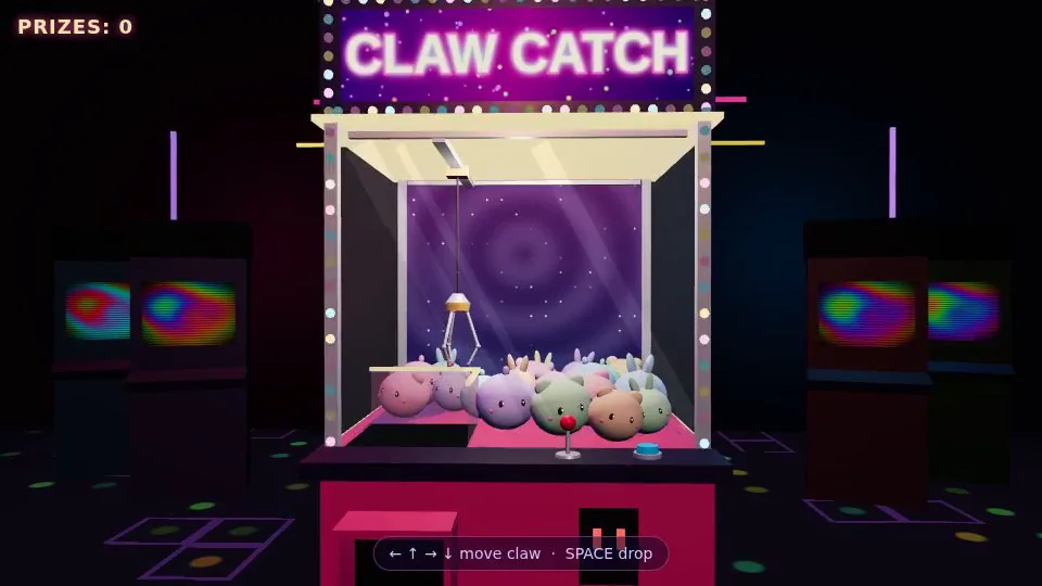 Claude Opus 5.5's output for Retro arcade claw machine with pastel plush prizes (Three.js)