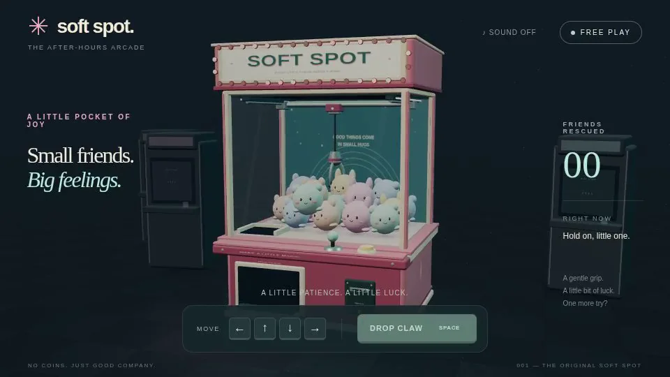 GPT-6 Astra's output for Retro arcade claw machine with pastel plush prizes (Three.js)