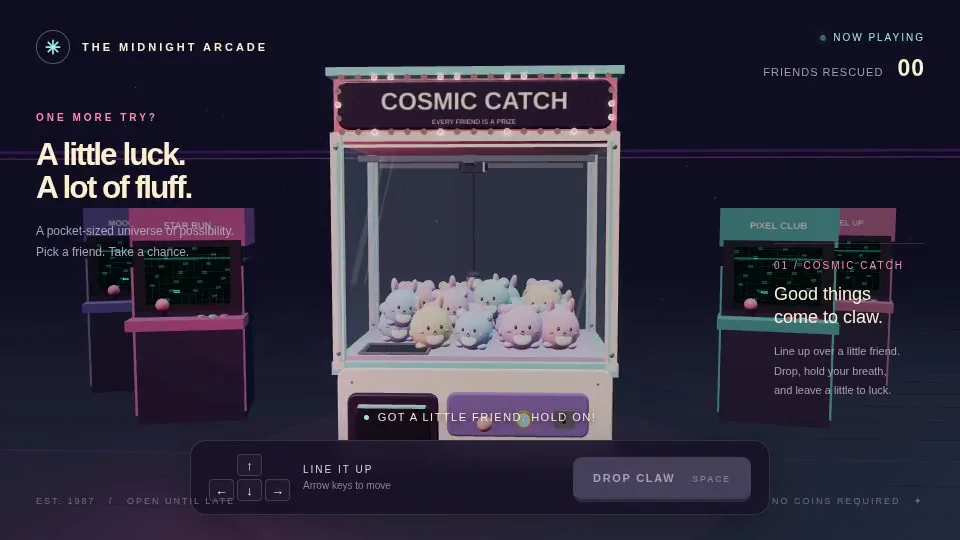 gpt-6.1-sol's output for Retro arcade claw machine with pastel plush prizes (Three.js)