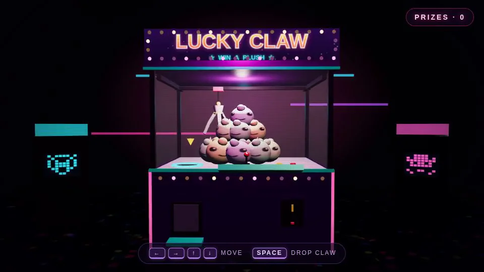 qwen3p8-max's output for Retro arcade claw machine with pastel plush prizes (Three.js)