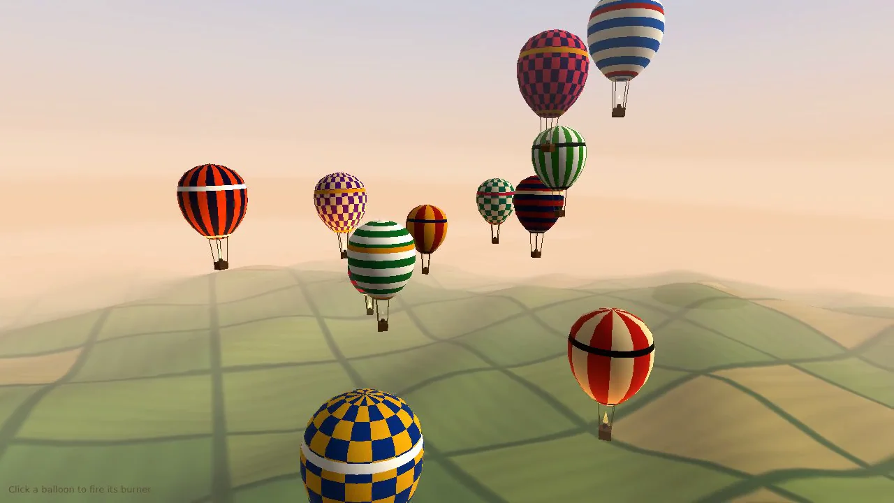 Claude Fable 5.1's output for Hot air balloon festival over rolling fields (Three.js)
