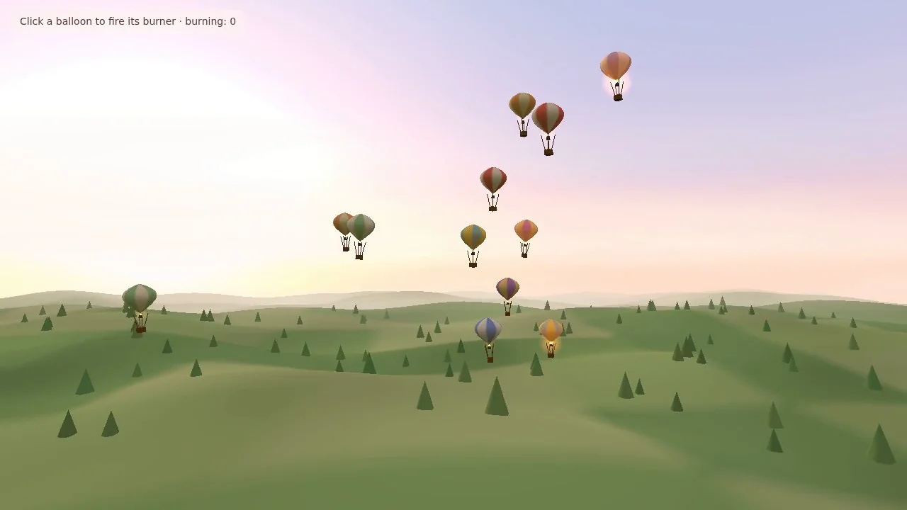 Claude Haiku 5.5's output for Hot air balloon festival over rolling fields (Three.js)