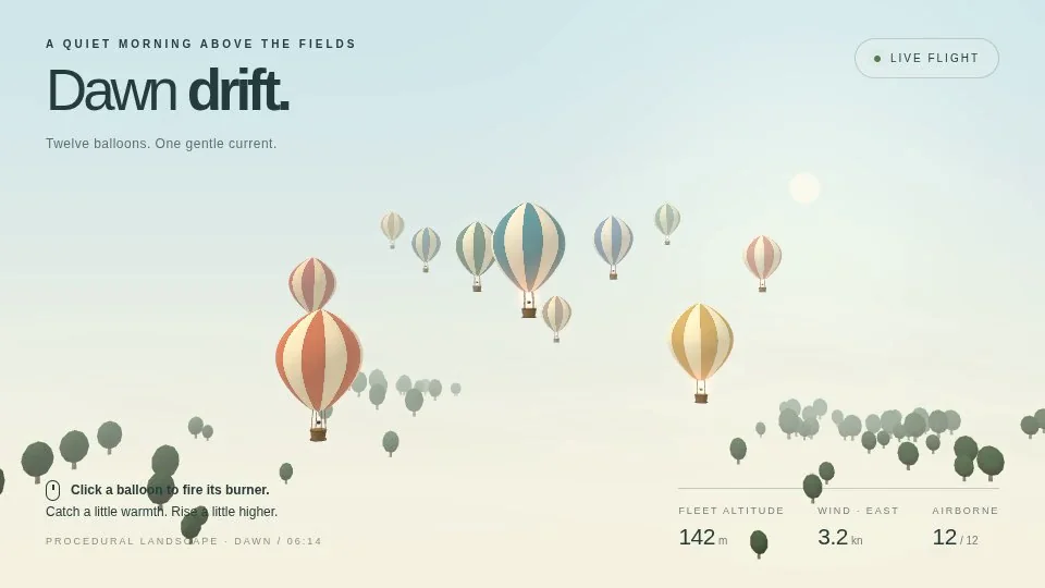 gpt-6.1-sol's output for Hot air balloon festival over rolling fields (Three.js)