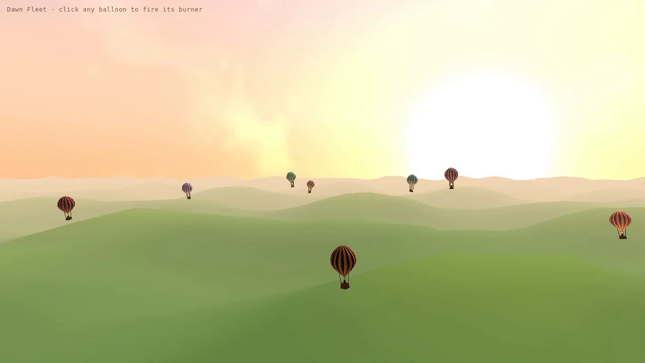 minimax-m3's output for Hot air balloon festival over rolling fields (Three.js)