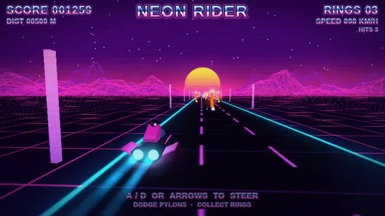 Claude Fable 5.1's output for Synthwave hover-bike racer on a neon grid highway (Three.js)