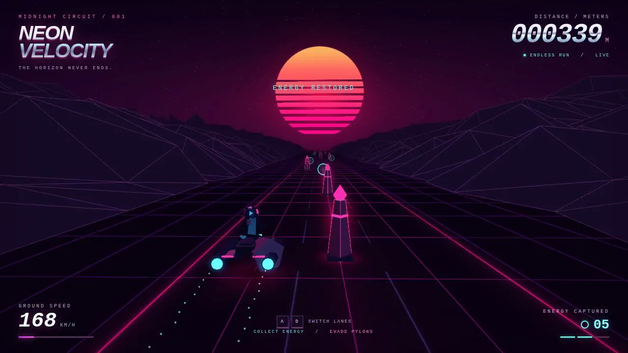 GPT-6 Astra's output for Synthwave hover-bike racer on a neon grid highway (Three.js)