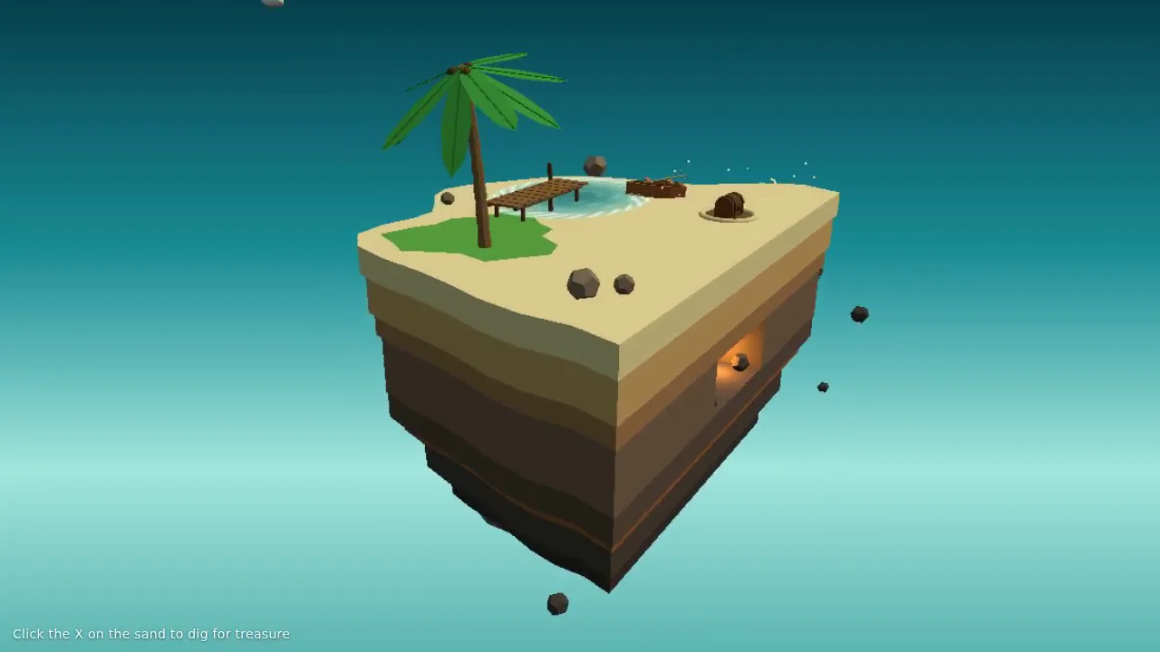 Claude Fable 5.1's output for Floating pirate island diorama with a cliff cross-section (Three.js)