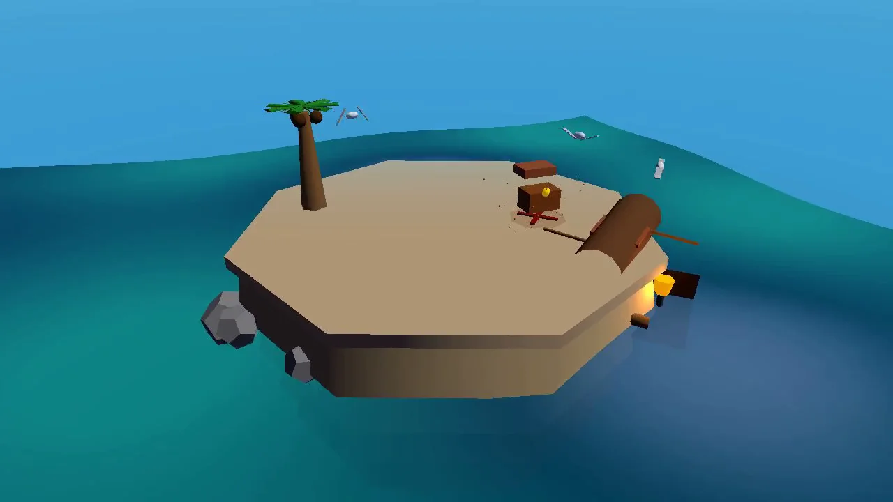 DeepSeek V4 Pro's output for Floating pirate island diorama with a cliff cross-section (Three.js)
