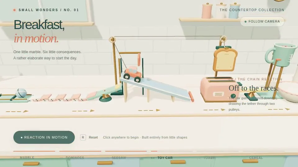 GPT-6 Astra's output for Rube Goldberg breakfast machine on a kitchen countertop (Three.js)