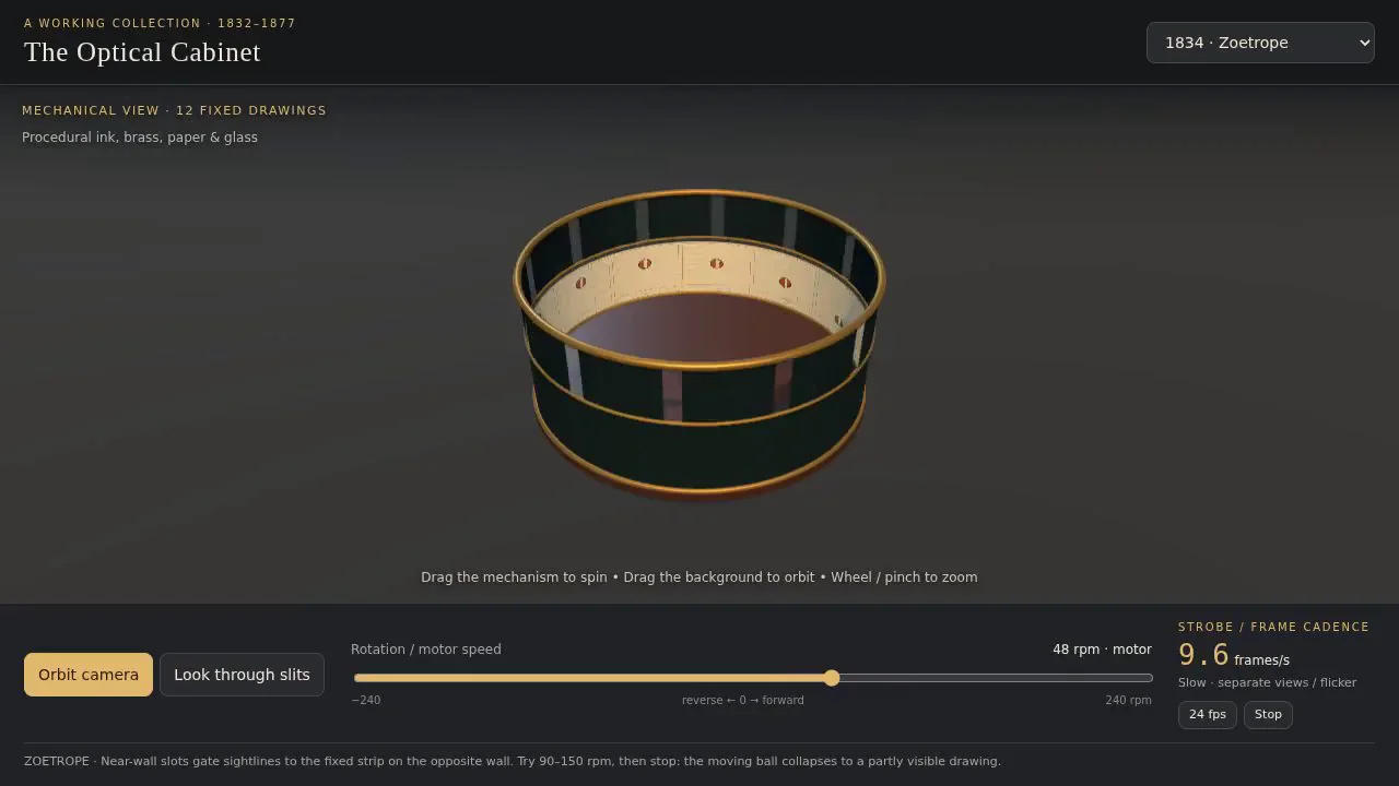 GPT-6 Astra's output for Victorian optical toys in 3D: zoetrope, phenakistiscope, praxinoscope (Three.js)