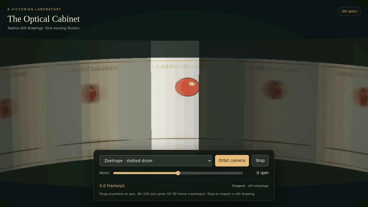 gpt-6.1-sol's output for Victorian optical toys in 3D: zoetrope, phenakistiscope, praxinoscope (Three.js)