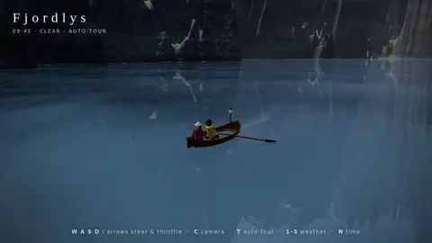 Claude Fable 5.1, OpenCode: Fjord scene (Three.js)