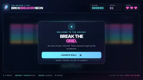 GPT-6 Sol, Raw API (one-shot): 004 Brick Breaker Neon
