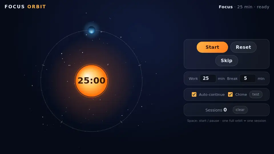 Claude Fable 5.1's output for 005 Focus Timer Orbit