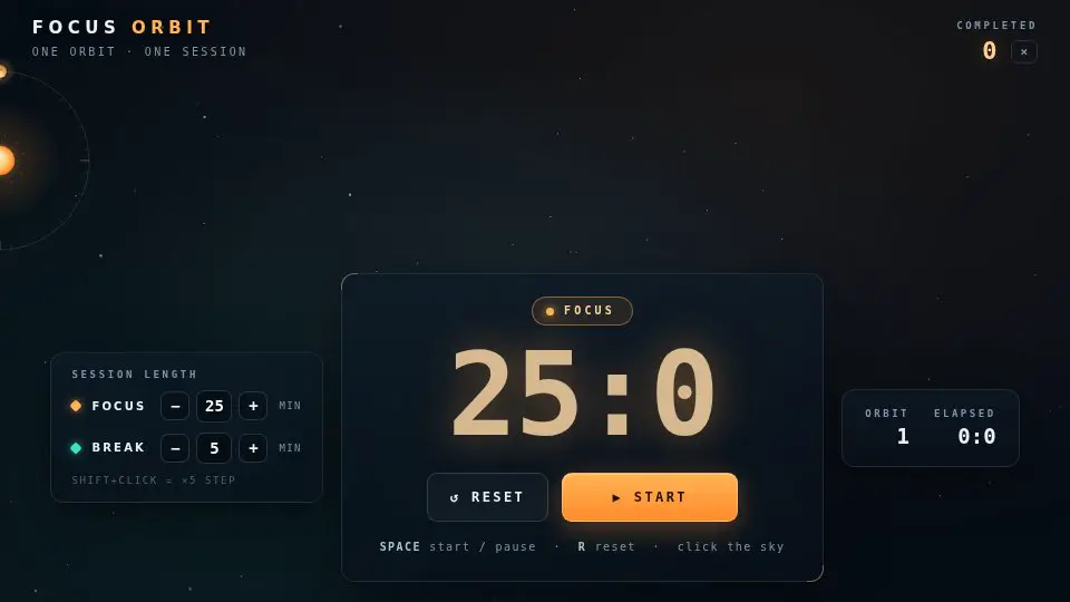 Qwen3.8 27B's output for 005 Focus Timer Orbit