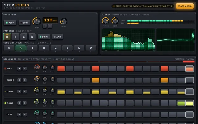 Claude Sonnet 5.5, Claude Code: Drum machine daw