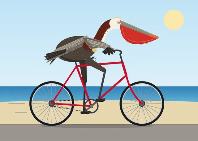 Claude Fable 5.1, Claude Code: California brown pelican riding a bicycle (detailed spec)