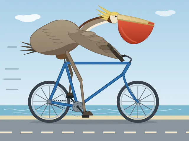 California brown pelican riding a bicycle (detailed spec)