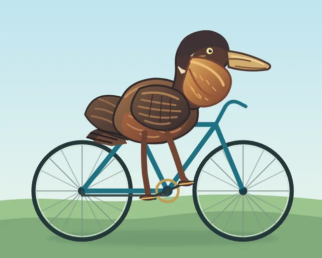 Space Bunny Alpha, Cline CLI: California brown pelican riding a bicycle (detailed spec)