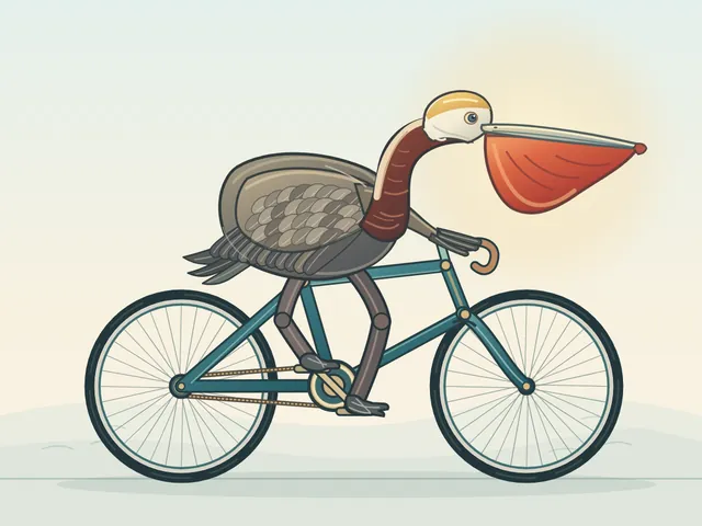 California brown pelican riding a bicycle (detailed spec)