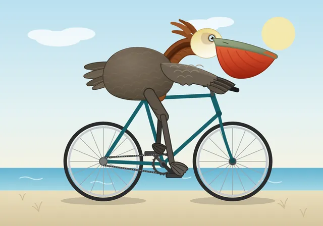 California brown pelican riding a bicycle (detailed spec)