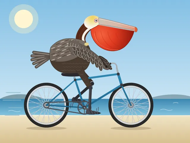 Claude Fable 5.1, OpenCode: California brown pelican riding a bicycle (detailed spec)