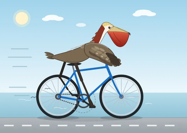 California brown pelican riding a bicycle (detailed spec)