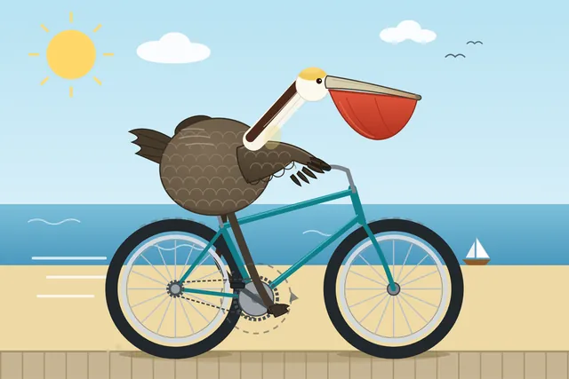 California brown pelican riding a bicycle (detailed spec)