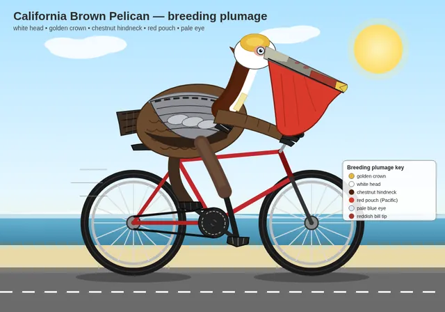 Muse Spark 1.3, OpenCode: California brown pelican riding a bicycle (detailed spec)