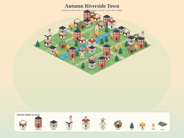 Muse Spark 1.3: Isometric SVG town with sprite sheet
