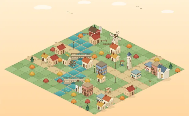 Kimi K3, Kimi Code CLI: Isometric SVG town with sprite sheet