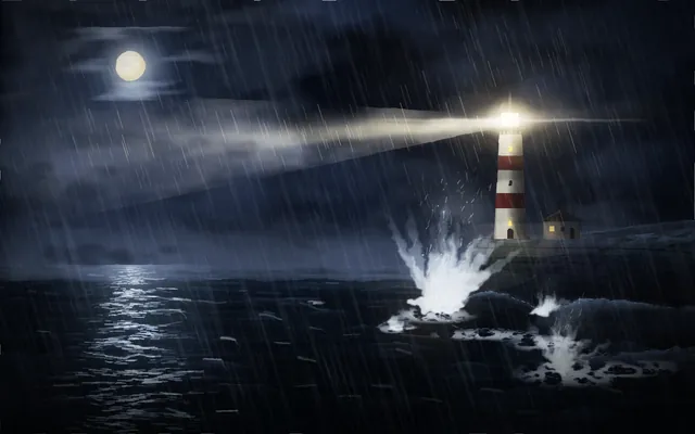 Claude Fable 5.1, Claude Code: Lighthouse on a headland at night