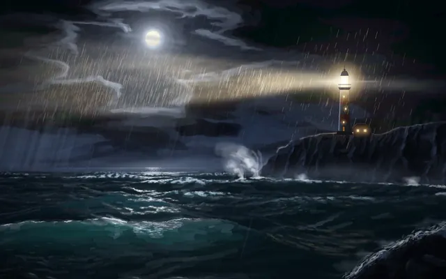 Lighthouse on a headland at night