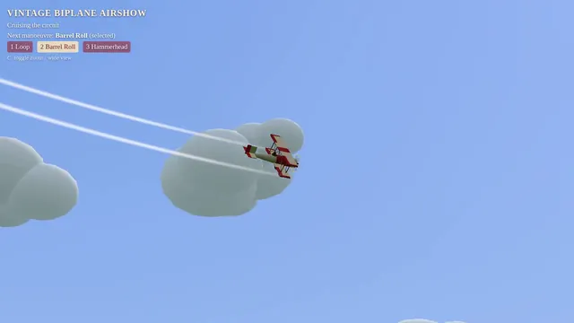 Claude Opus 5.5, Raw API (one-shot): Vintage biplane aerobatics over a grass airfield (Three.js)