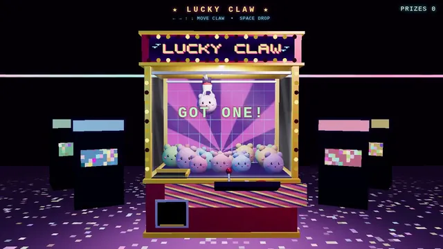 Claude Fable 5.1, Raw API (one-shot): Retro arcade claw machine with pastel plush prizes (Three.js)