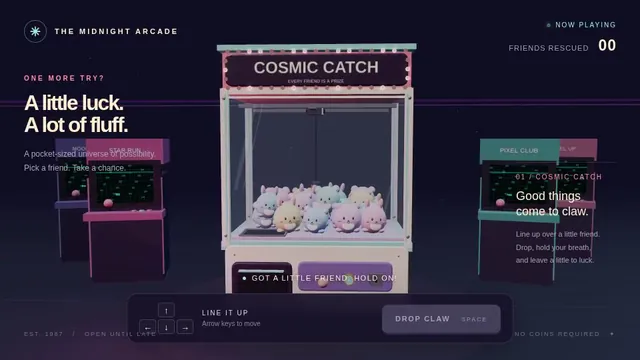 gpt-6.1-sol, Raw API (one-shot): Retro arcade claw machine with pastel plush prizes (Three.js)