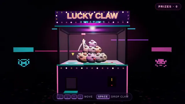 qwen3p8-max, Raw API (one-shot): Retro arcade claw machine with pastel plush prizes (Three.js)