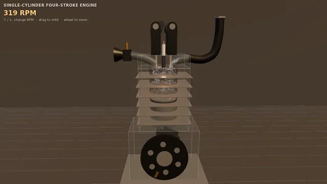 Four-stroke engine cutaway: crank, piston and cam-driven valves (Three.js)