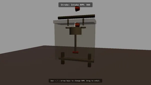minimax-m3, Raw API (one-shot): Four-stroke engine cutaway: crank, piston and cam-driven valves (Three.js)