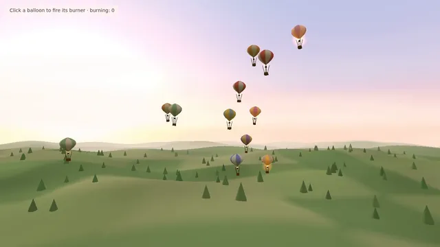 Claude Haiku 5.5, Raw API (one-shot): Hot air balloon festival over rolling fields (Three.js)