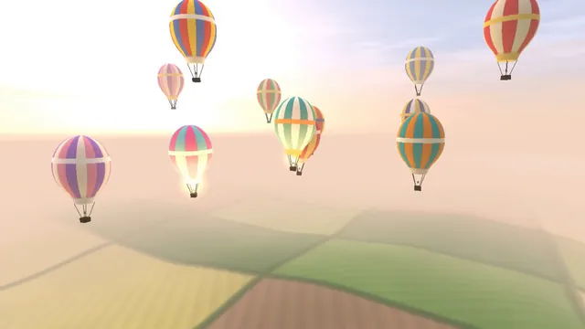 Claude Sonnet 5.5, Raw API (one-shot): Hot air balloon festival over rolling fields (Three.js)
