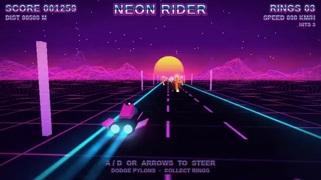Claude Fable 5.1, Raw API (one-shot): Synthwave hover-bike racer on a neon grid highway (Three.js)